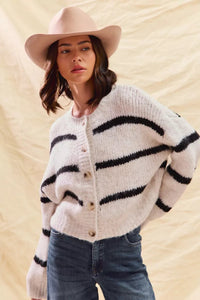 Elodie Breton Stripe Round Neck Button Front Knit Cardigan