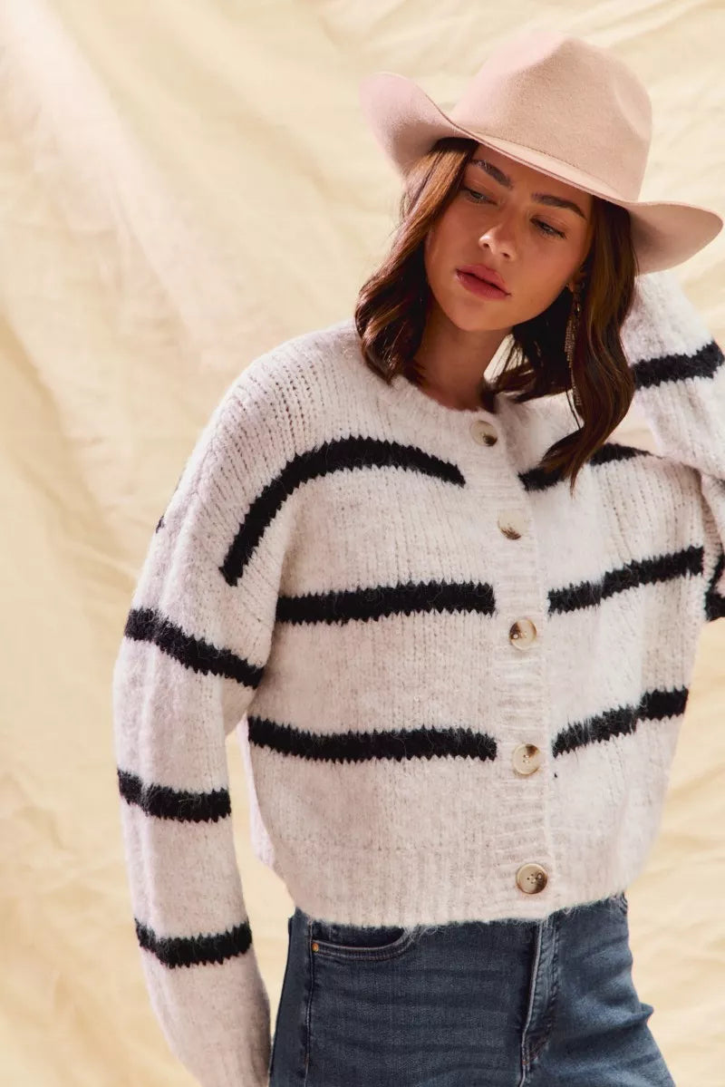 Elodie Breton Stripe Round Neck Button Front Knit Cardigan