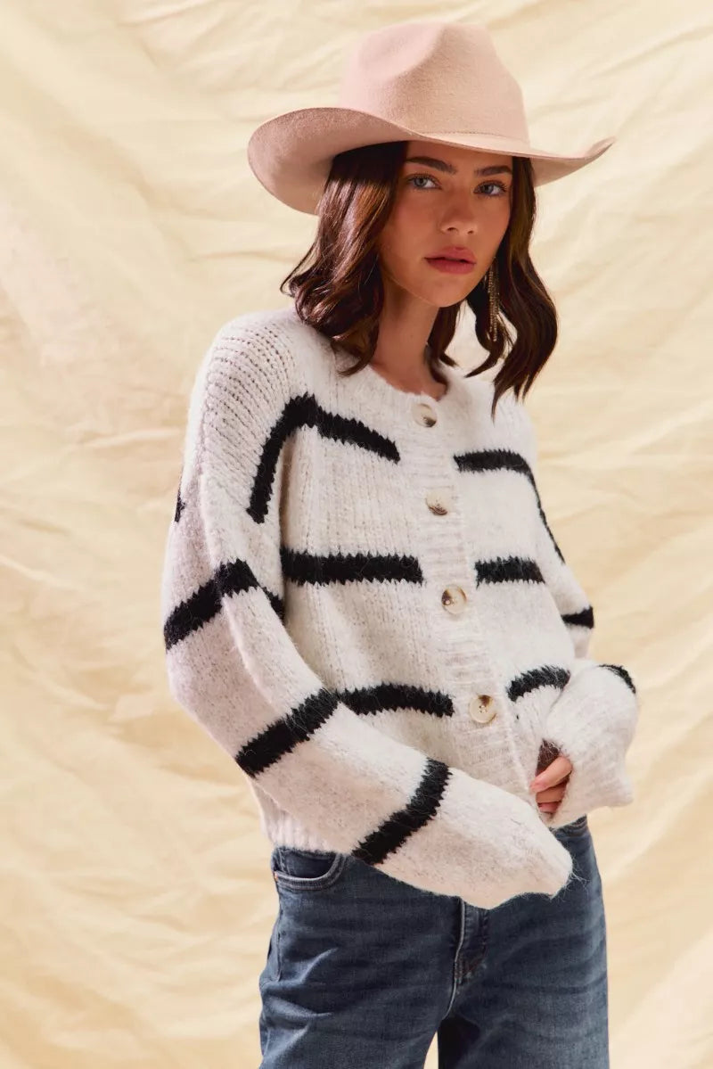 Elodie Breton Stripe Round Neck Button Front Knit Cardigan