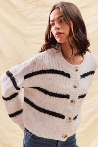 Elodie Breton Stripe Round Neck Button Front Knit Cardigan