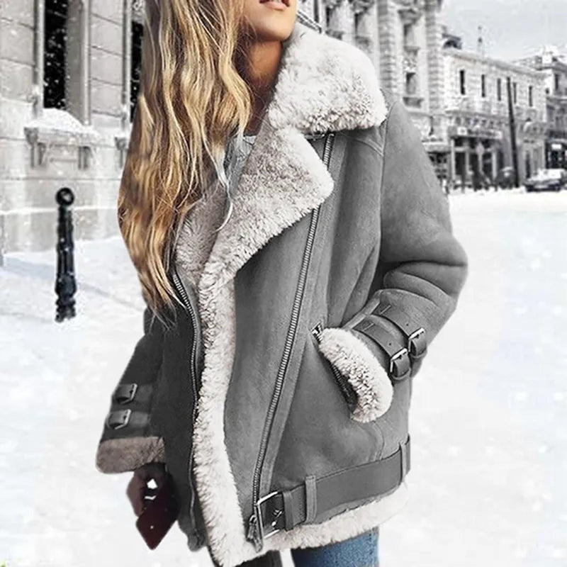 Ophelia Buckle Strap Shearling Lined Aviator Biker Jacket