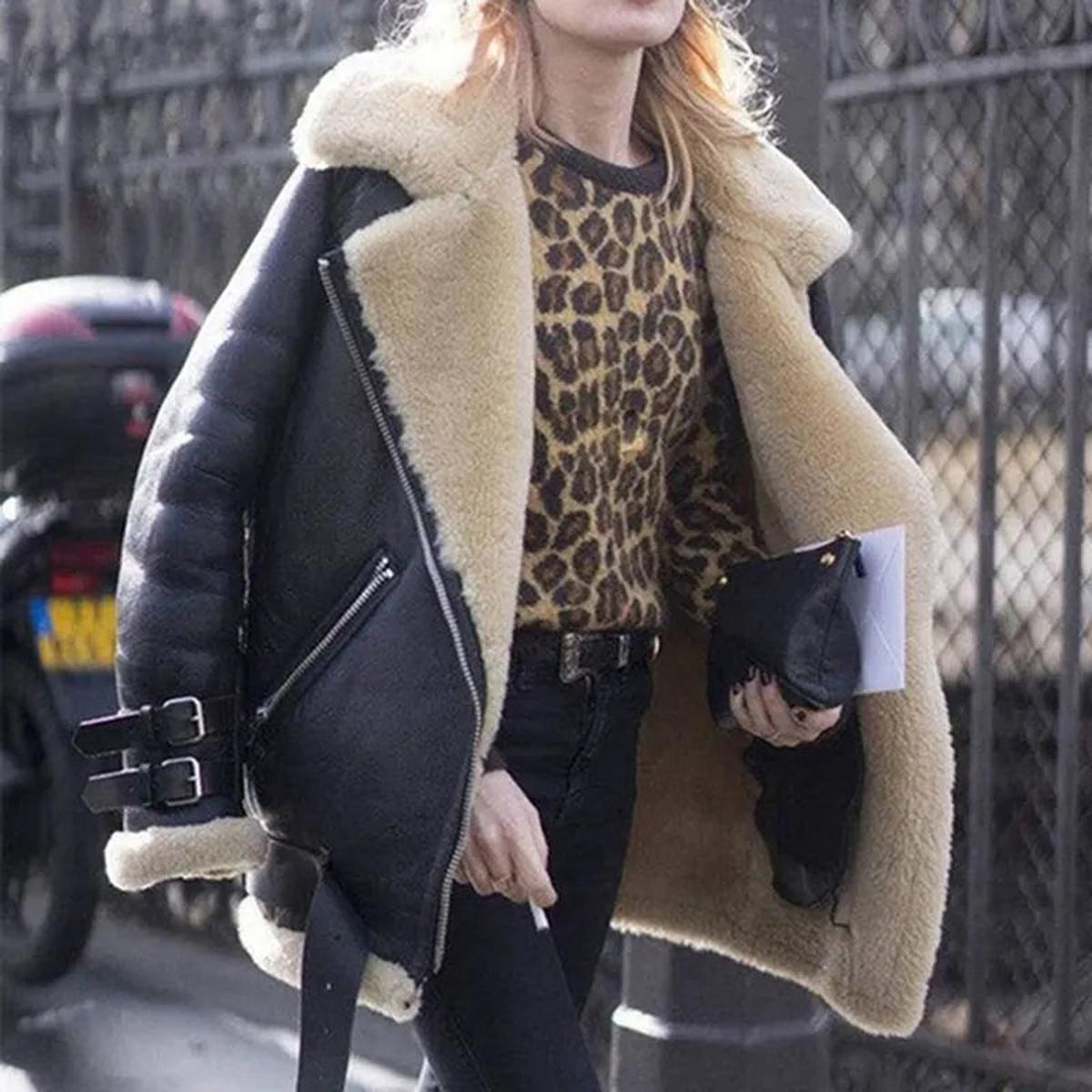 Ophelia Buckle Strap Shearling Lined Aviator Biker Jacket - Black