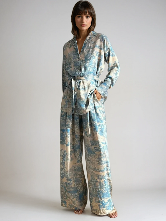 Xanthe Printed Belted Robe Shirt and Wide Trouser Set