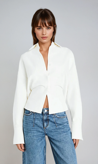 Blandine Point Collar Curved Open Front Cropped Overshirt Blouse