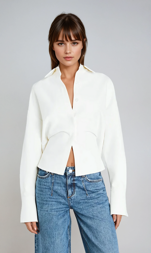 Blandine Point Collar Curved Open Front Cropped Overshirt Blouse - White