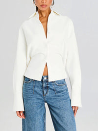 Blandine Point Collar Curved Open Front Cropped Overshirt Blouse