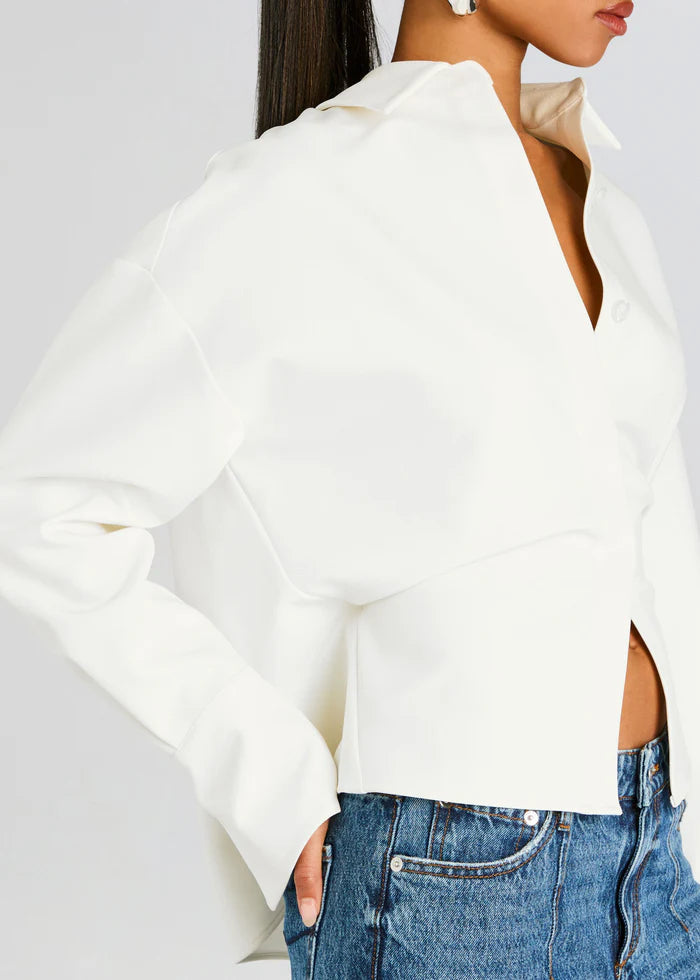 Blandine Point Collar Curved Open Front Cropped Overshirt Blouse