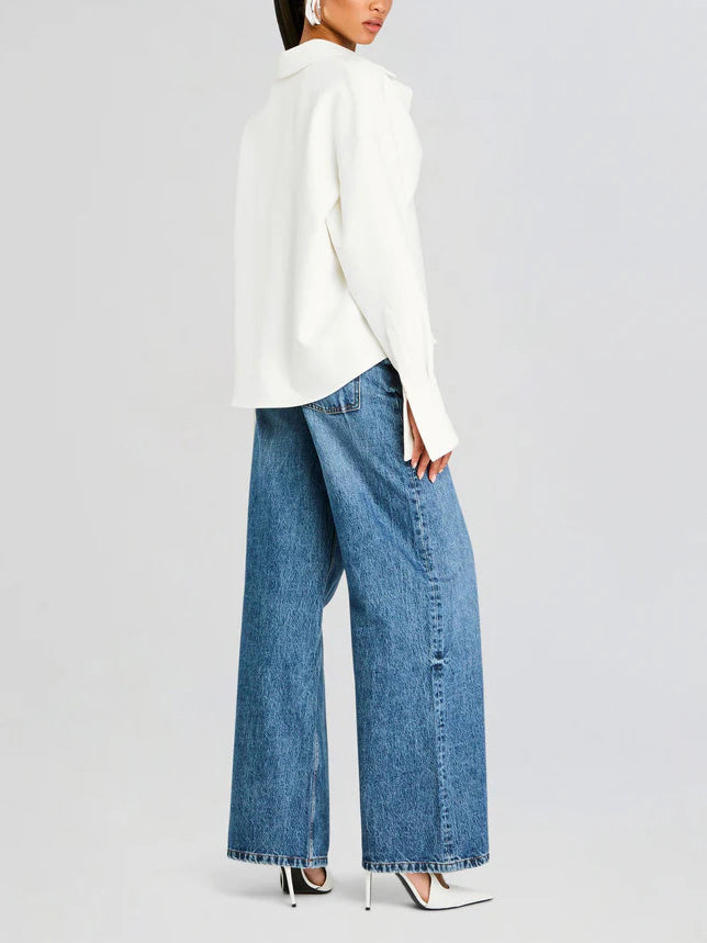 Blandine Point Collar Curved Open Front Cropped Overshirt Blouse