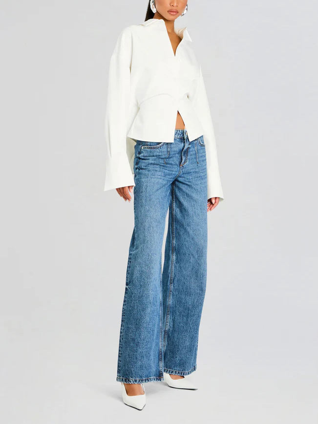 Blandine Point Collar Curved Open Front Cropped Overshirt Blouse