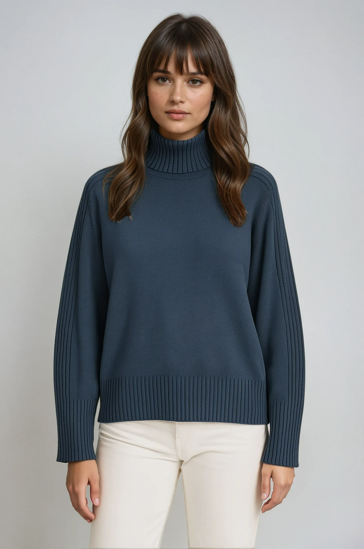 Delphi Deep Roll Neck Relaxed Drop Shoulder Knit Jumper - Navy