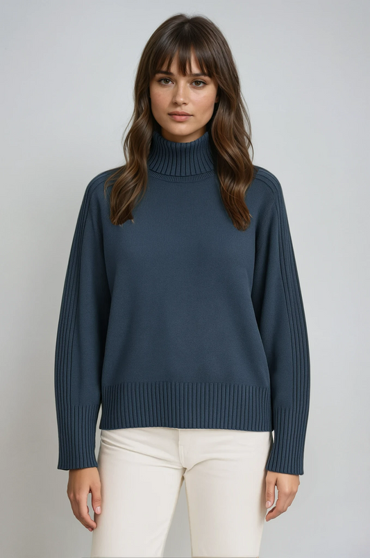 Delphi Deep Roll Neck Relaxed Drop Shoulder Knit Jumper - Navy