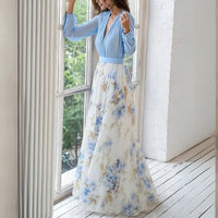 Bellamy Contrast Bodice Floral Skirt Blouson Sleeve Maxi Dress