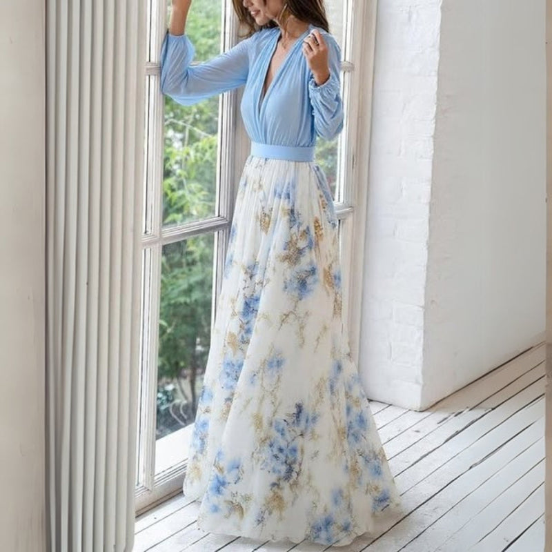 Bellamy Contrast Bodice Floral Skirt Blouson Sleeve Maxi Dress
