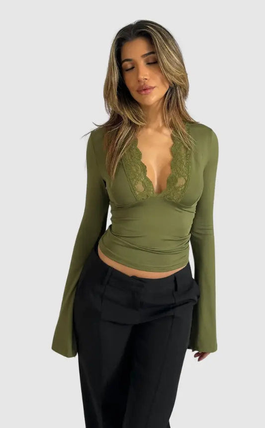 Christiane Lace Trim Plunge Neck Flared Sleeve Fitted Jersey Top - Green