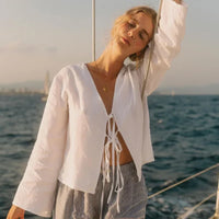 Dominique Sheer Tie Front Balloon Sleeve Cropped Beach Blouse