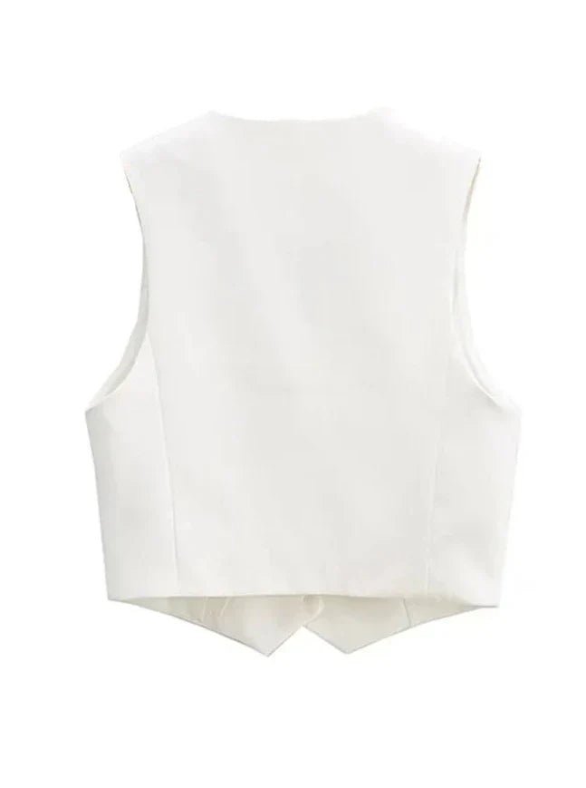 Ximena Pointed Hem Welt Pocket Tailored Waistcoat Vest - White