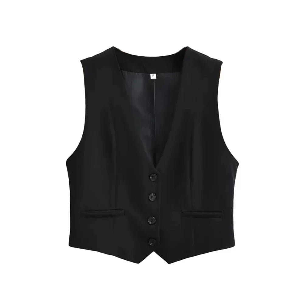 Ximena Pointed Hem Welt Pocket Tailored Waistcoat Vest - Black