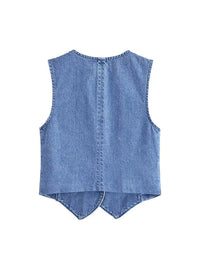 Wilma Denim Button Front Cropped Fitted Waistcoat Vest