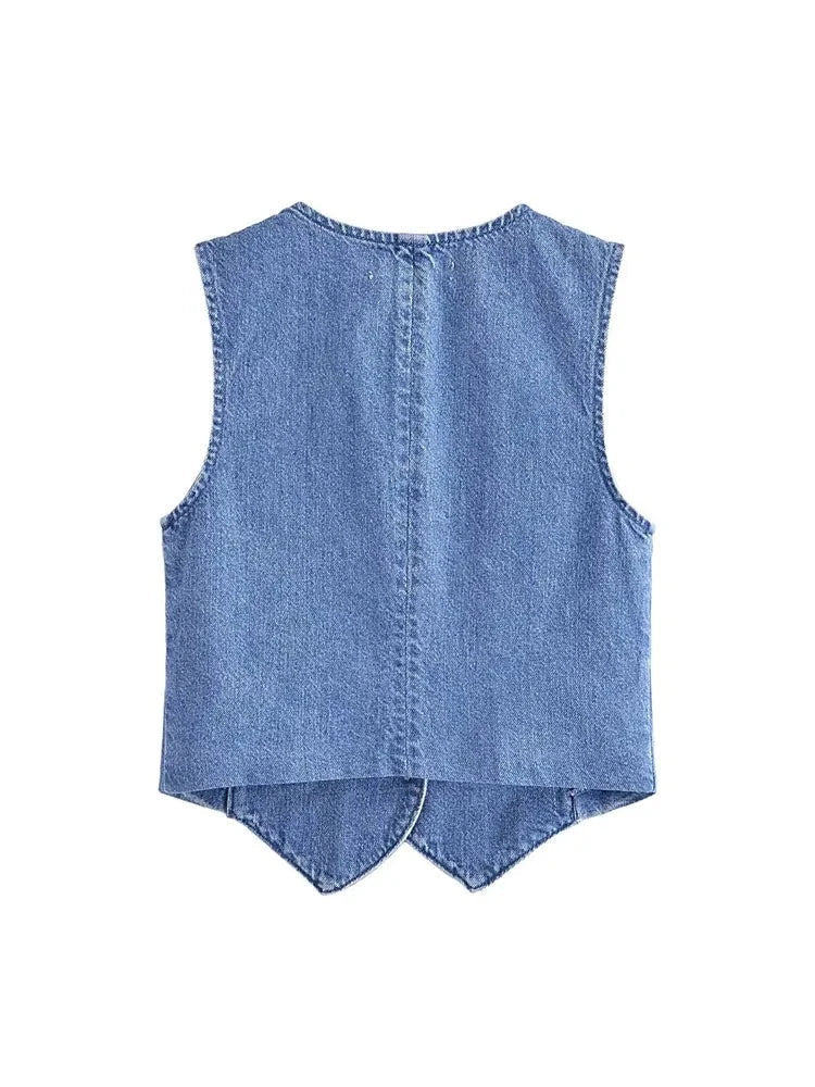 Wilma Denim Button Front Cropped Fitted Waistcoat Vest