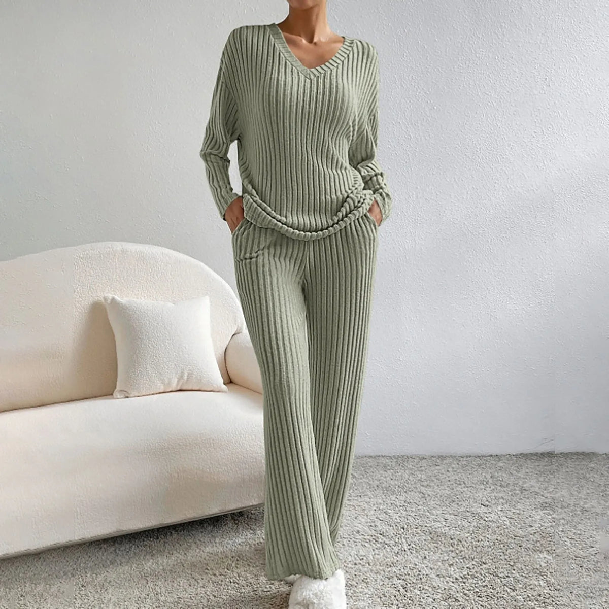 Tara Ribbed V Neck Knit and Wide Leg Trouser Lounge Set - Dark Green
