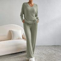 Tara Ribbed V Neck Knit and Wide Leg Trouser Lounge Set