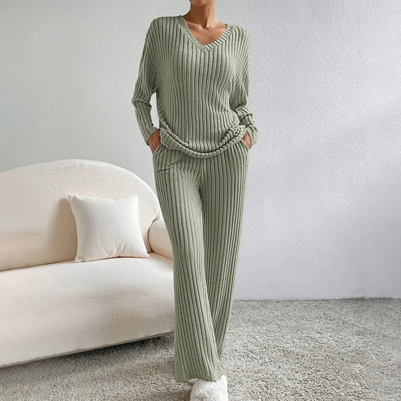 Tara Ribbed V Neck Knit and Wide Leg Trouser Lounge Set