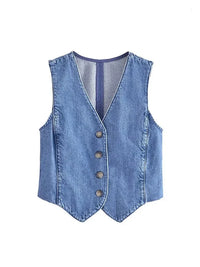 Wilma Denim Button Front Cropped Fitted Waistcoat Vest