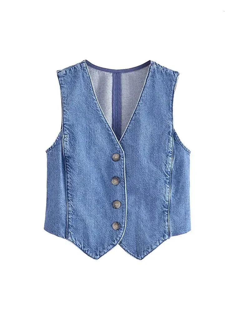 Wilma Denim Button Front Cropped Fitted Waistcoat Vest