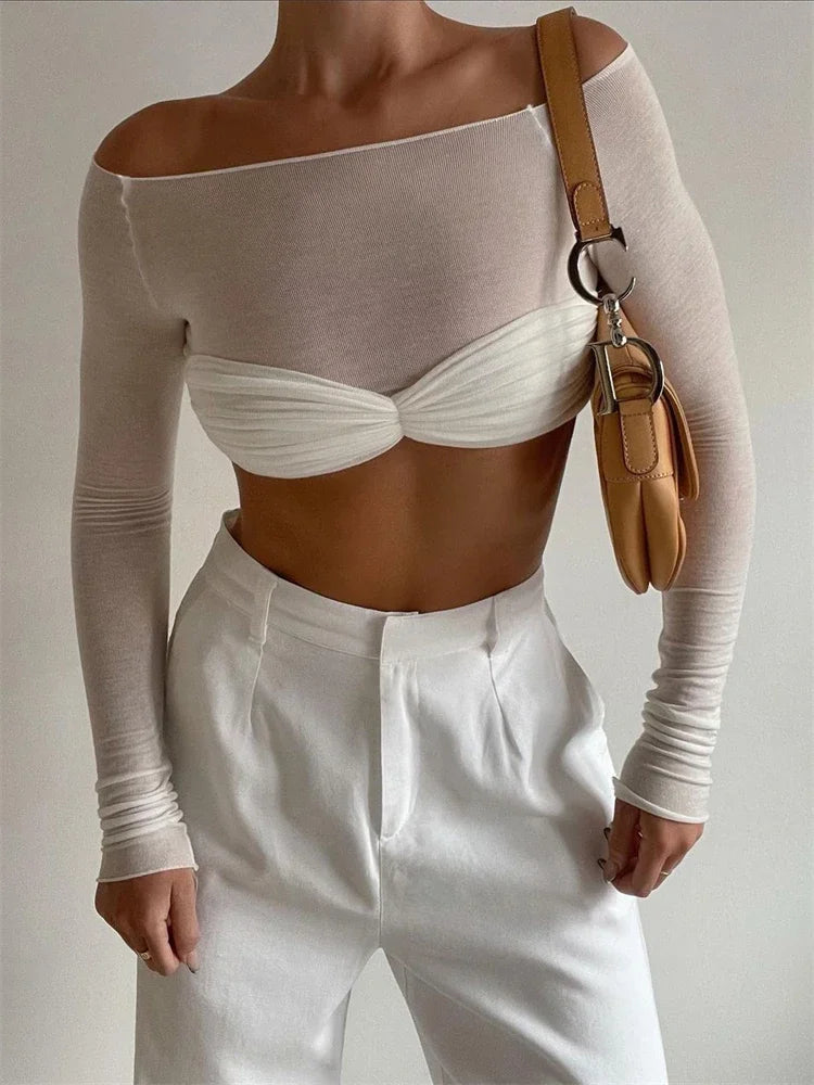 Adrienne Off Shoulder Twist Front Sheer Sleeve Cropped Top