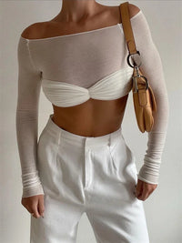 Adrienne Off Shoulder Twist Front Sheer Sleeve Cropped Top