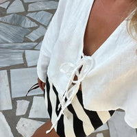 Dominique Sheer Tie Front Balloon Sleeve Cropped Beach Blouse