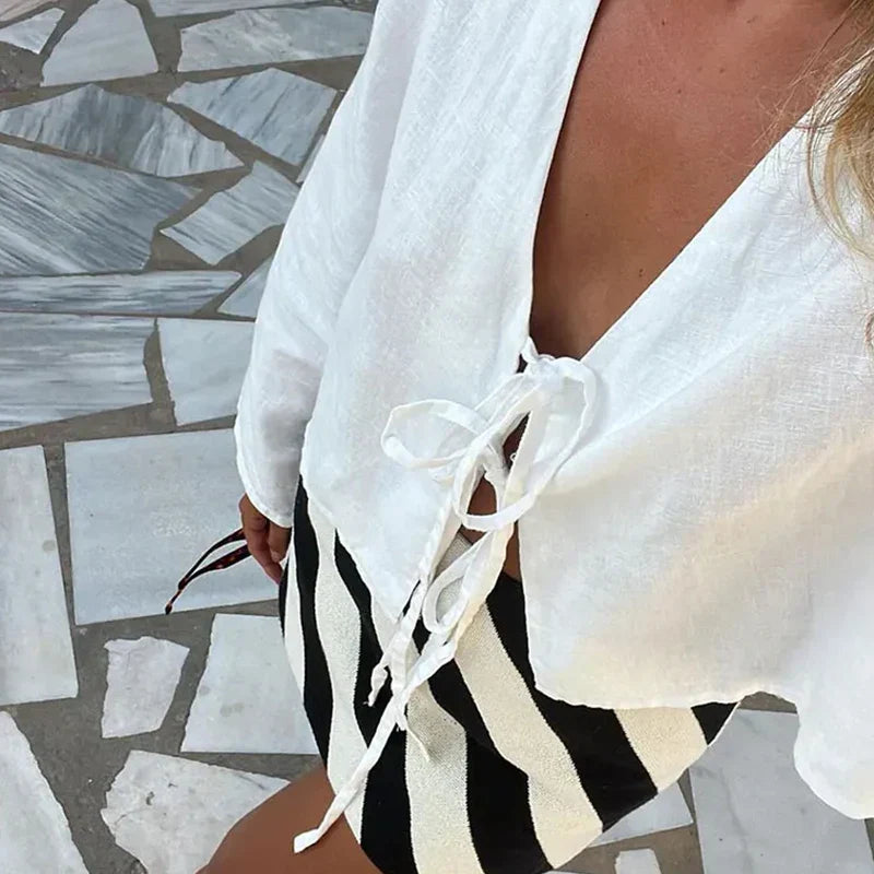 Dominique Sheer Tie Front Balloon Sleeve Cropped Beach Blouse
