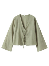 Dominique Sheer Tie Front Balloon Sleeve Cropped Beach Blouse