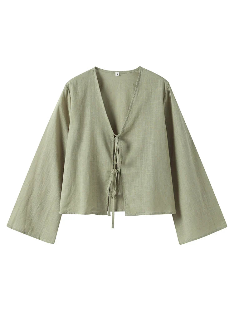 Dominique Sheer Tie Front Balloon Sleeve Cropped Beach Blouse