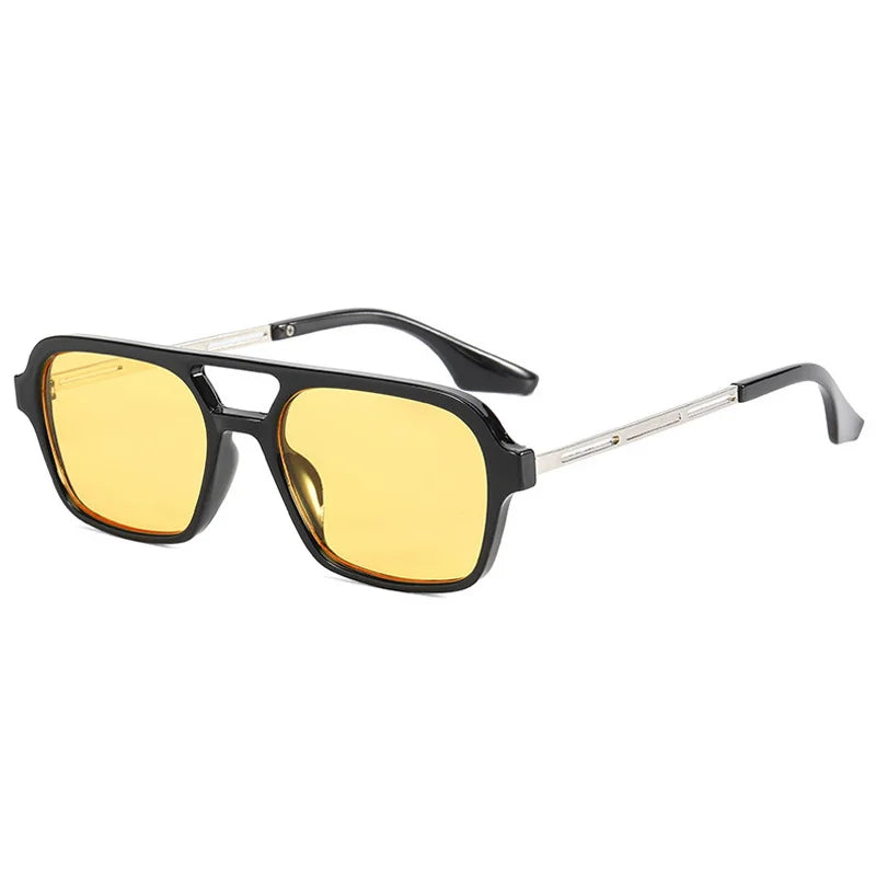 Isla Double Bridge Flat Front Square Aviator Sunglasses - Black Yellow