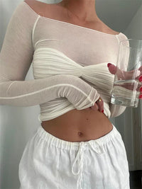 Adrienne Off Shoulder Twist Front Sheer Sleeve Cropped Top