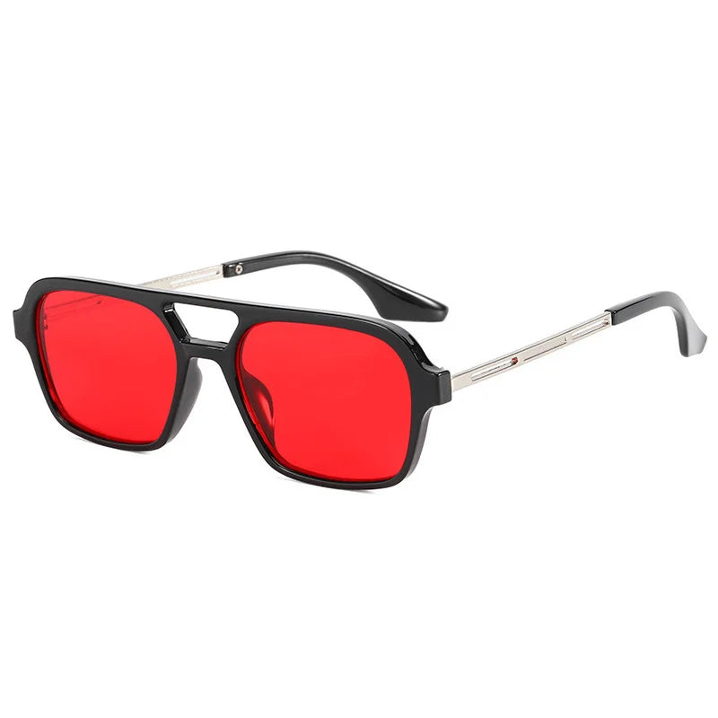 Isla Double Bridge Flat Front Square Aviator Sunglasses - Black Red