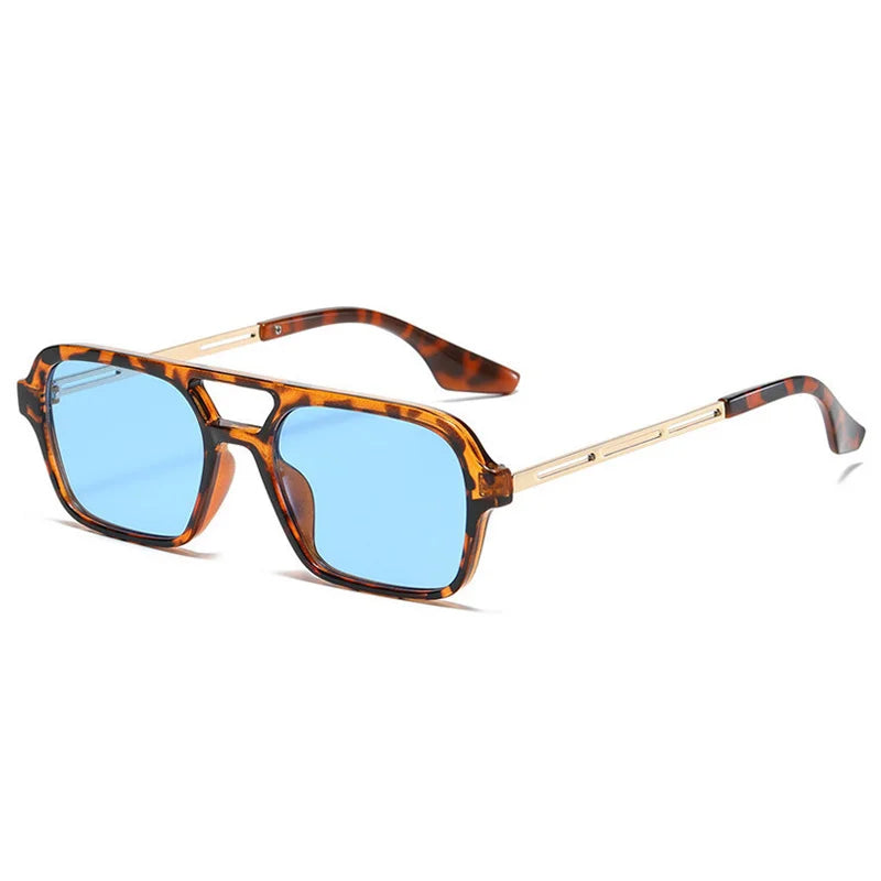 Isla Double Bridge Flat Front Square Aviator Sunglasses - Leopard Blue