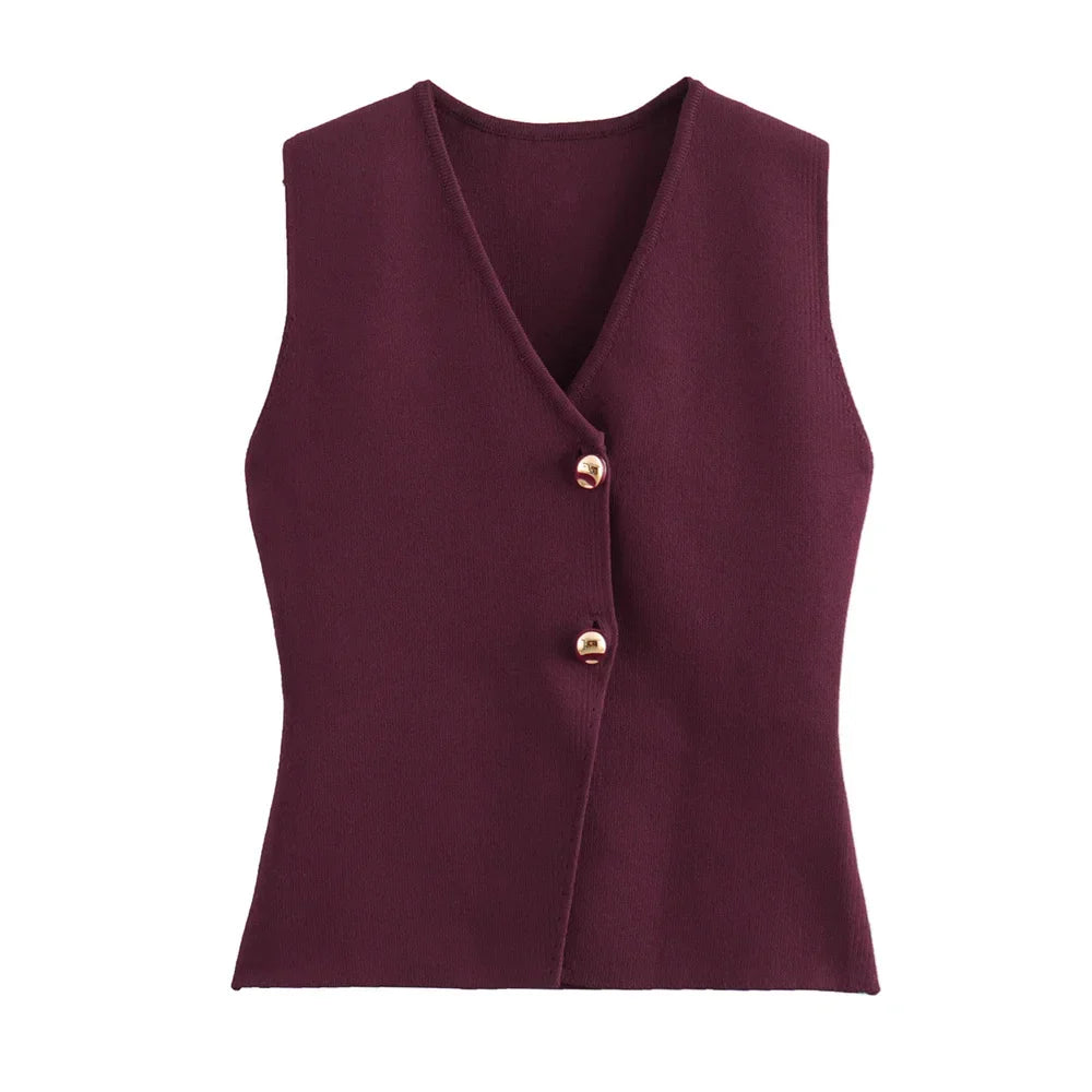 Calla Split Hem Two Button Sleeveless Knit Waistcoat Vest - Burgundy