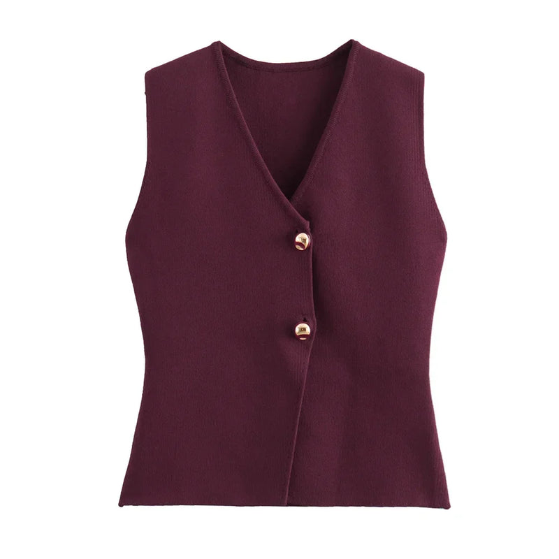Calla Split Hem Two Button Sleeveless Knit Waistcoat Vest