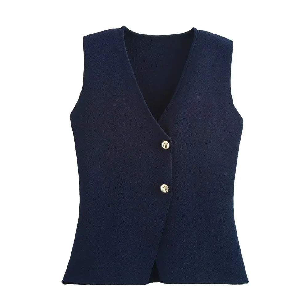 Calla Split Hem Two Button Sleeveless Knit Waistcoat Vest - Navy