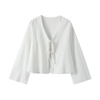 Dominique Sheer Tie Front Balloon Sleeve Cropped Beach Blouse