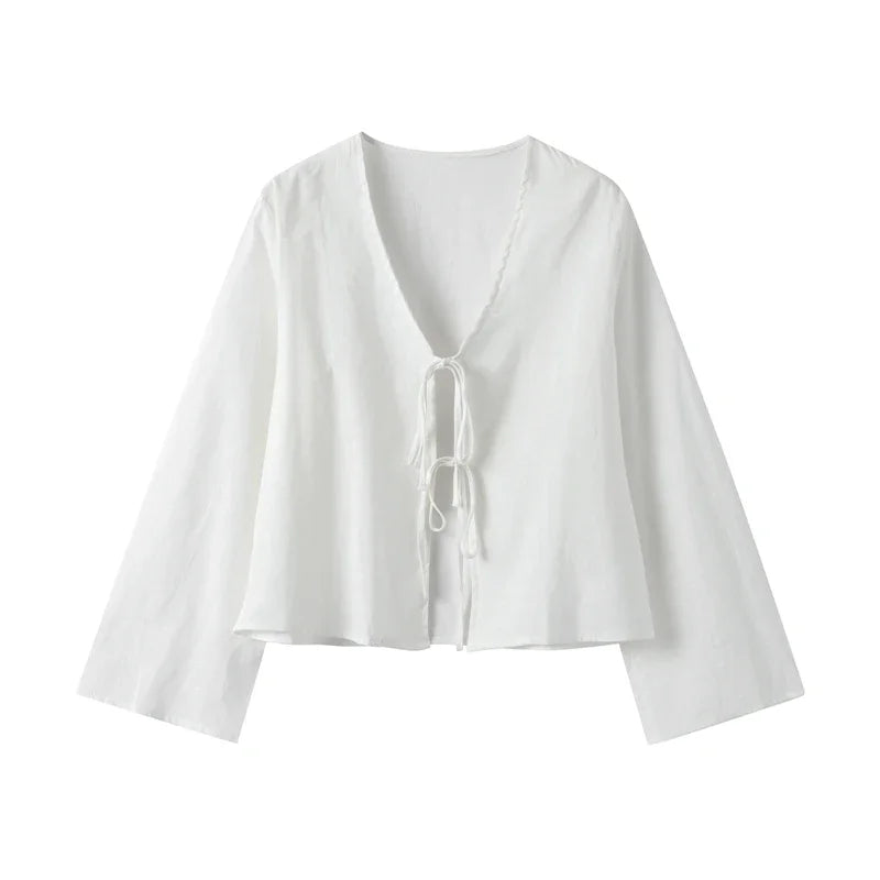 Dominique Sheer Tie Front Balloon Sleeve Cropped Beach Blouse