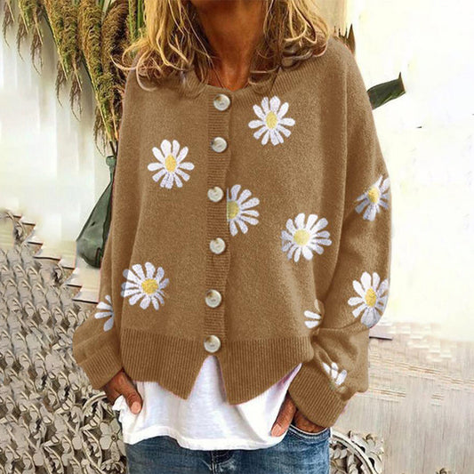 Melina Daisy Embroidered Oversized Button Front Cardigan - Khaki