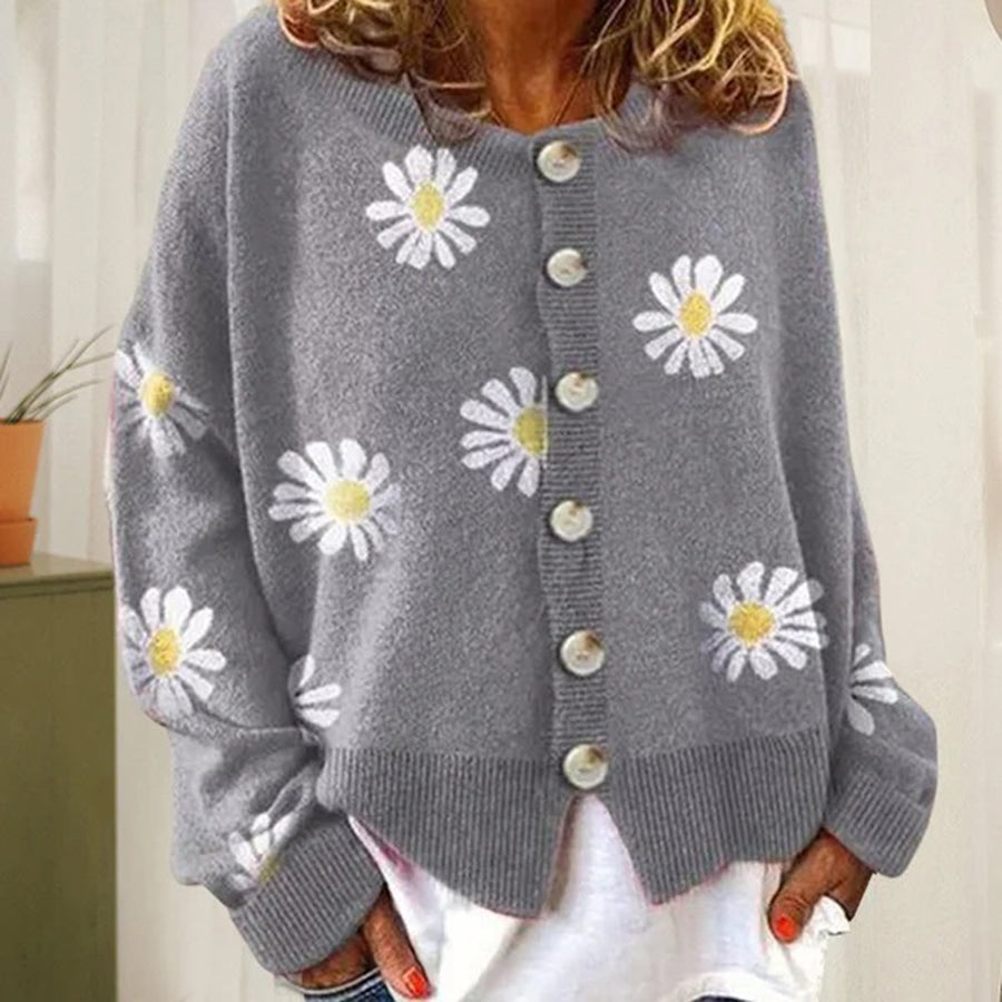 Melina Daisy Embroidered Oversized Button Front Cardigan - Gray