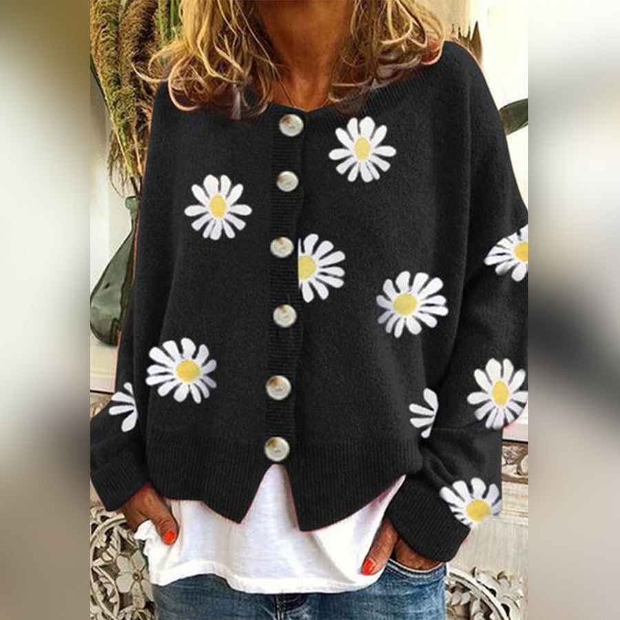 Melina Daisy Embroidered Oversized Button Front Cardigan - Black