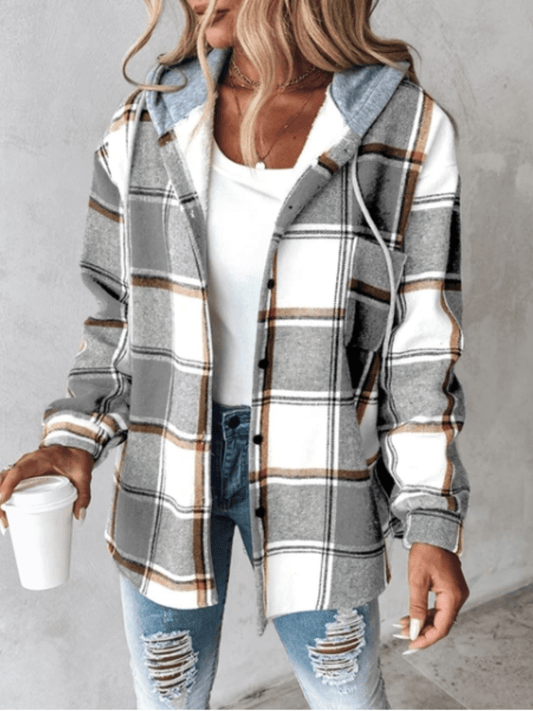 Arabella Hooded Check Brushed Button Front Shacket Overshirt