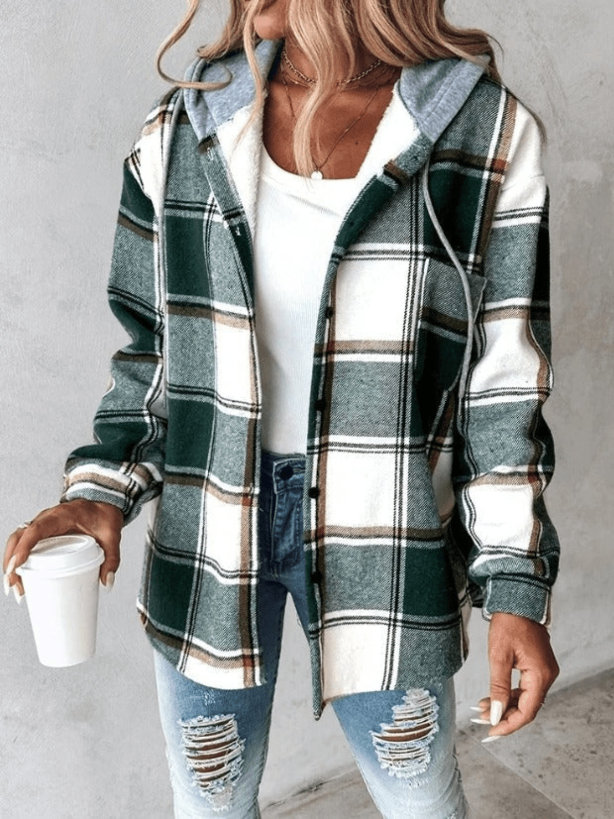 Arabella Hooded Check Brushed Button Front Shacket Overshirt - Green