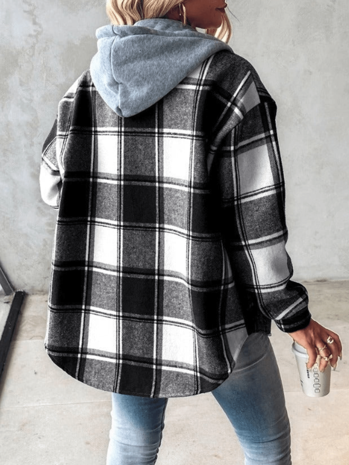 Arabella Hooded Check Brushed Button Front Shacket Overshirt - Black