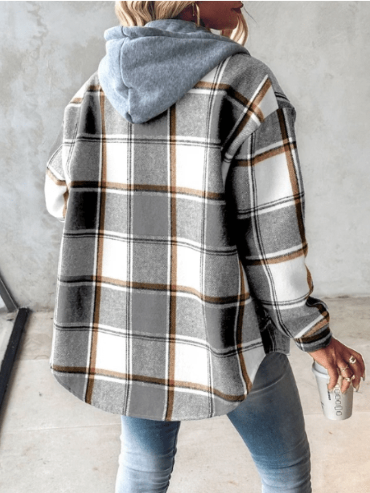 Arabella Hooded Check Brushed Button Front Shacket Overshirt - Grey